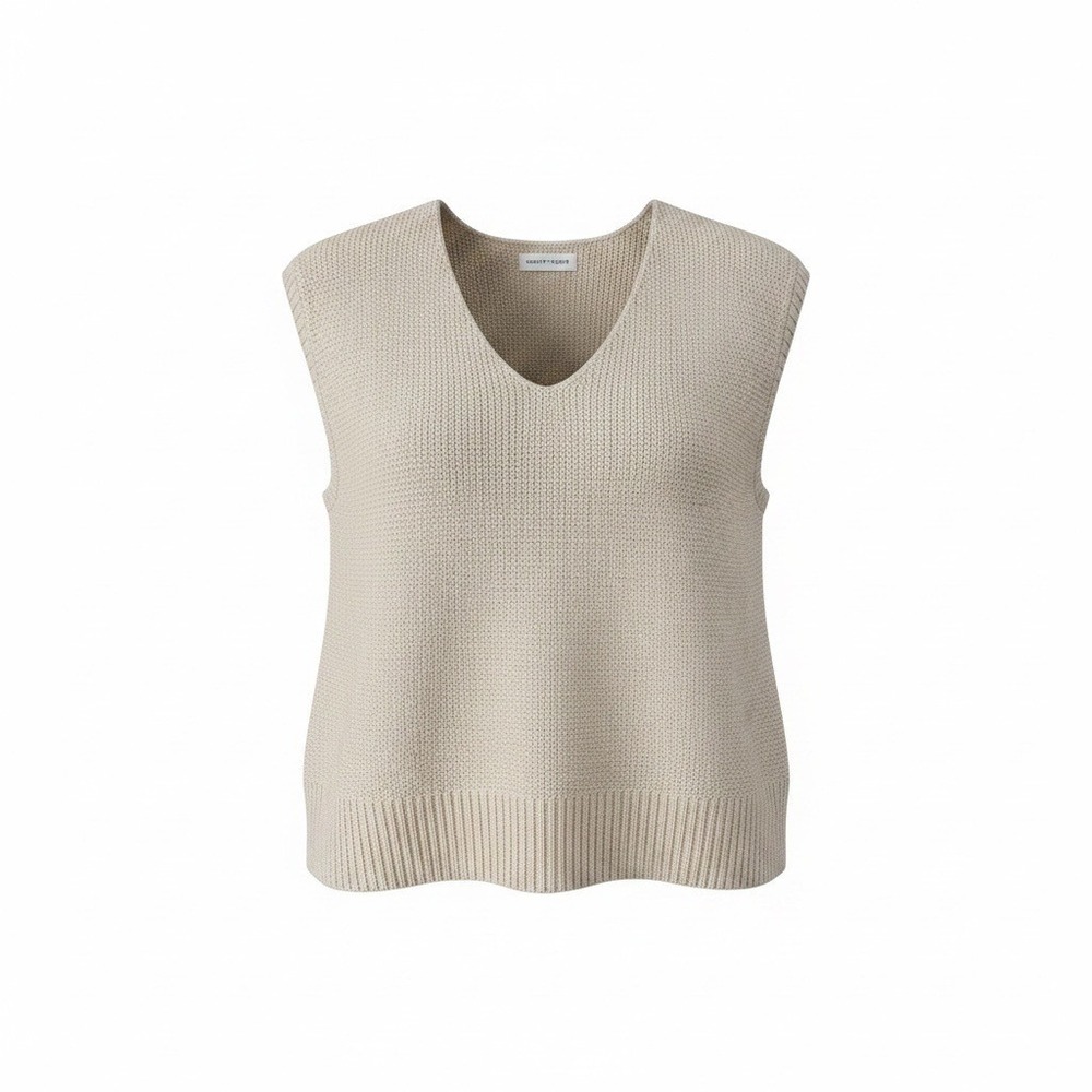 Lucky Brand Sweater Vest L Beige V-Neck Shaker Knit Minimalist Normcore Preppy